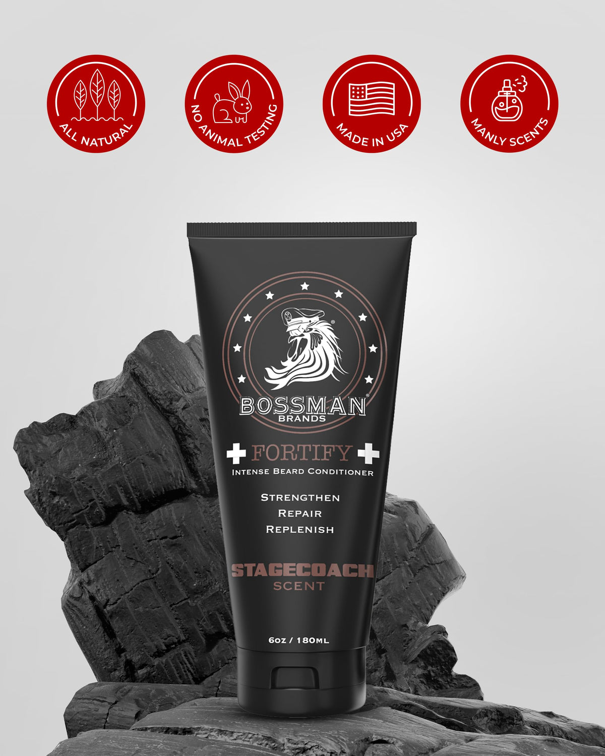 USA-made, cruelty-free Bossman Fortify conditioner label