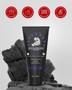 Bossman Fortify Intense Beard Conditioner application on beard demonstrates easy in-shower use