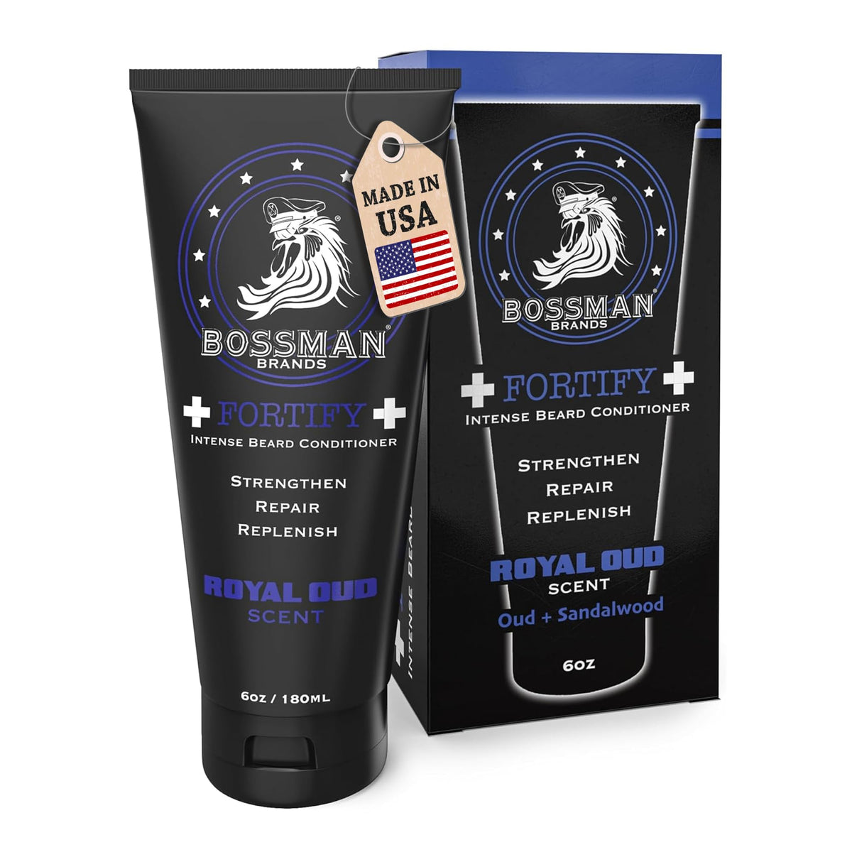 Bossman Fortify Intense Beard Conditioner bottle pour highlights deep hydration for a smoother beard