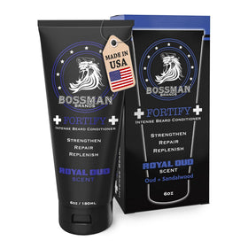 Bossman Fortify Intense Beard Conditioner bottle pour highlights deep hydration for a smoother beard