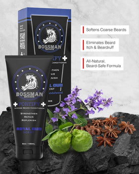 Bossman Fortify Intense Beard Conditioner jar texture shows thick formula for softening hairs
