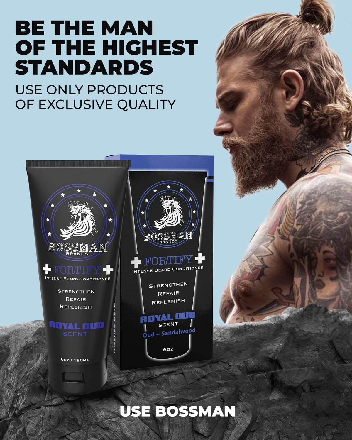 Bossman Fortify Intense Beard Conditioner USA-made cruelty-free seal on box