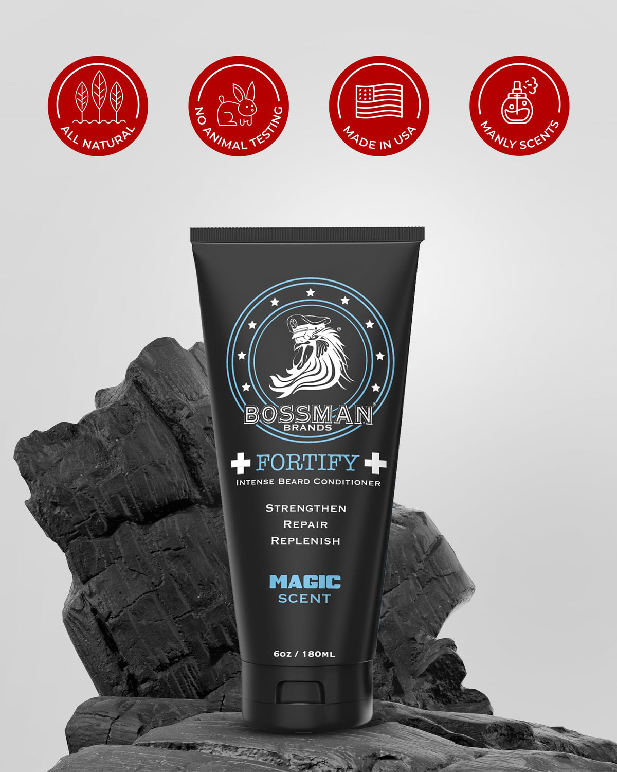 Packaging of Bossman Fortify Intense Beard Conditioner showing premium design.