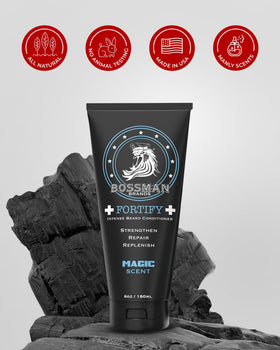 Packaging of Bossman Fortify Intense Beard Conditioner showing premium design.
