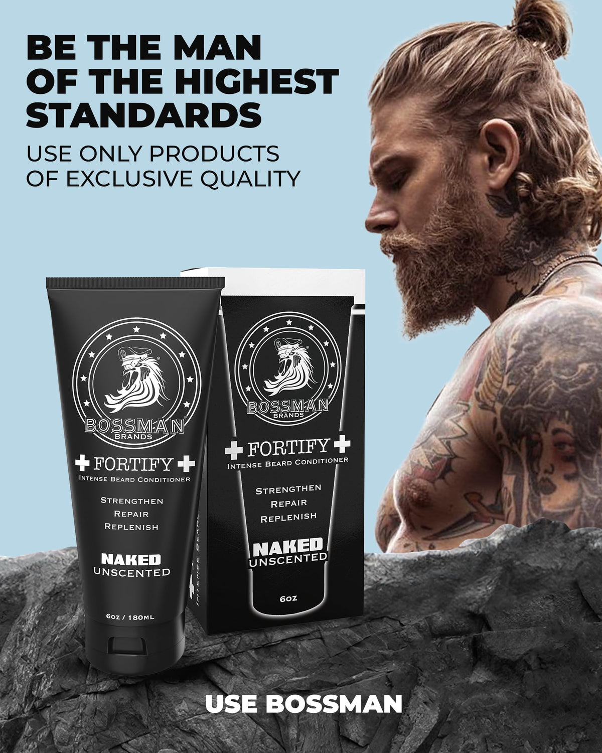 Pump-dispense bottle ready for routine grooming with Bossman Fortify Intense Unscented