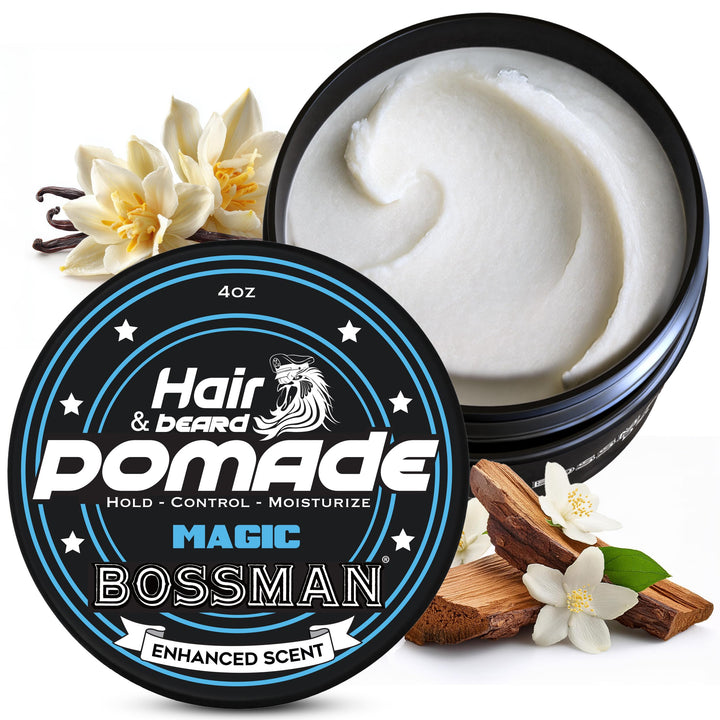 Bossman Hair & Beard Pomade bottle shown for all-day hold and moisture.