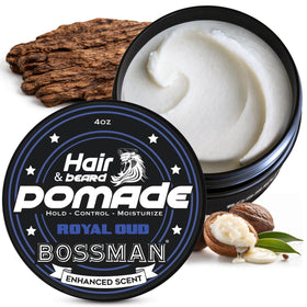 Bossman Royal Oud pomade jar close-up for strong hold and luxury scent