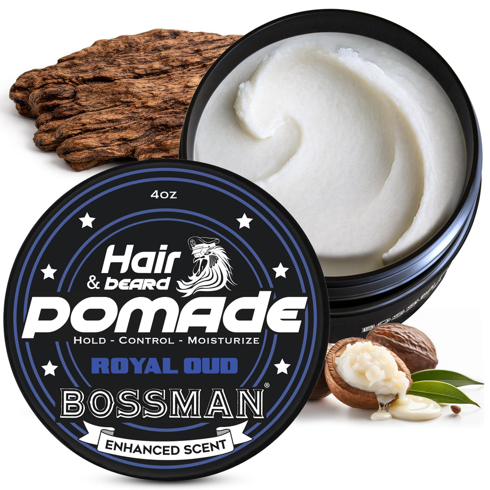Bossman Royal Oud pomade jar close-up for strong hold and luxury scent
