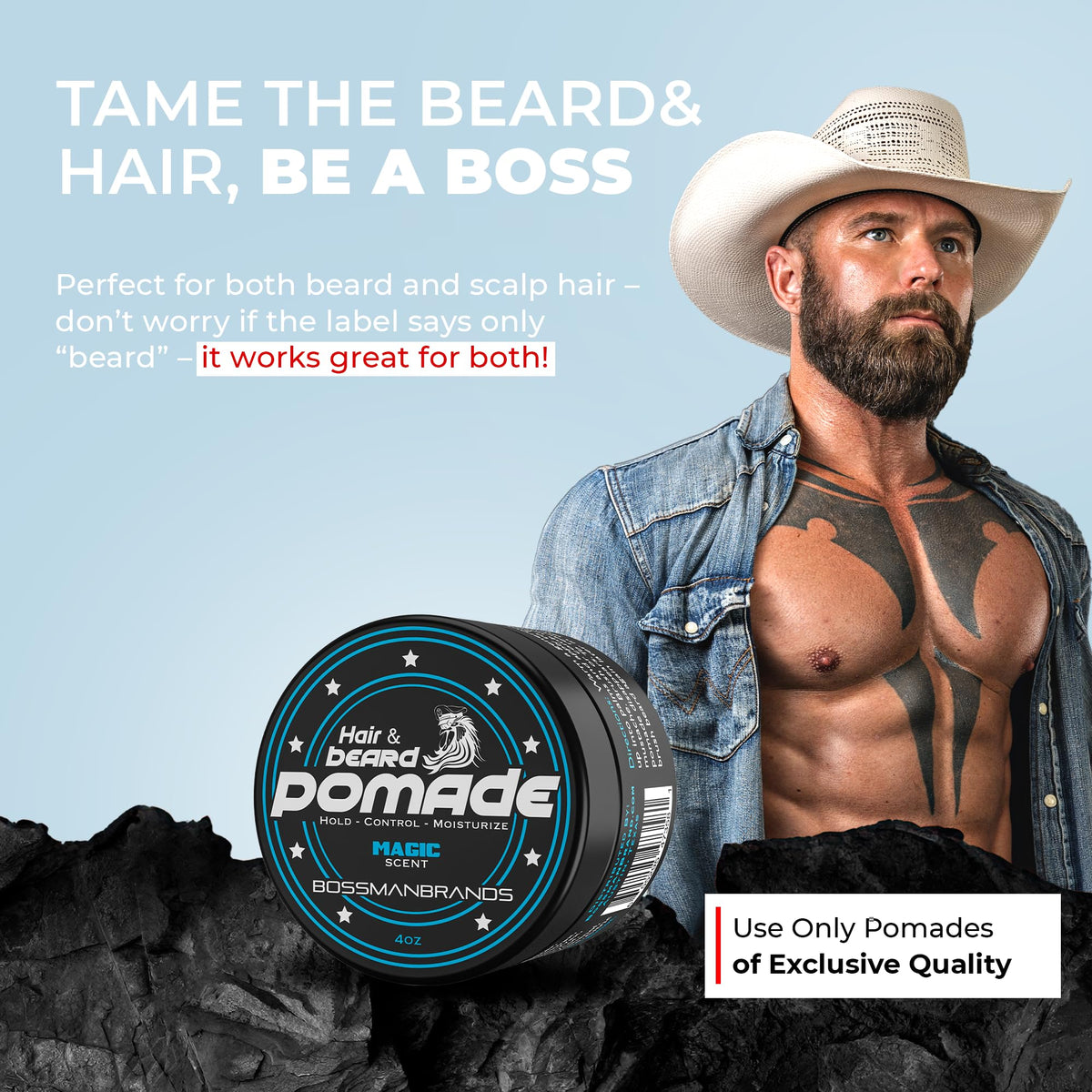 Magic scent of sandalwood and vanilla featured in Bossman pomade.