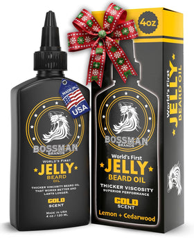 Bossman Jelly Beard Oil 4oz bottle with Gold Scent for softening and moisturizing.