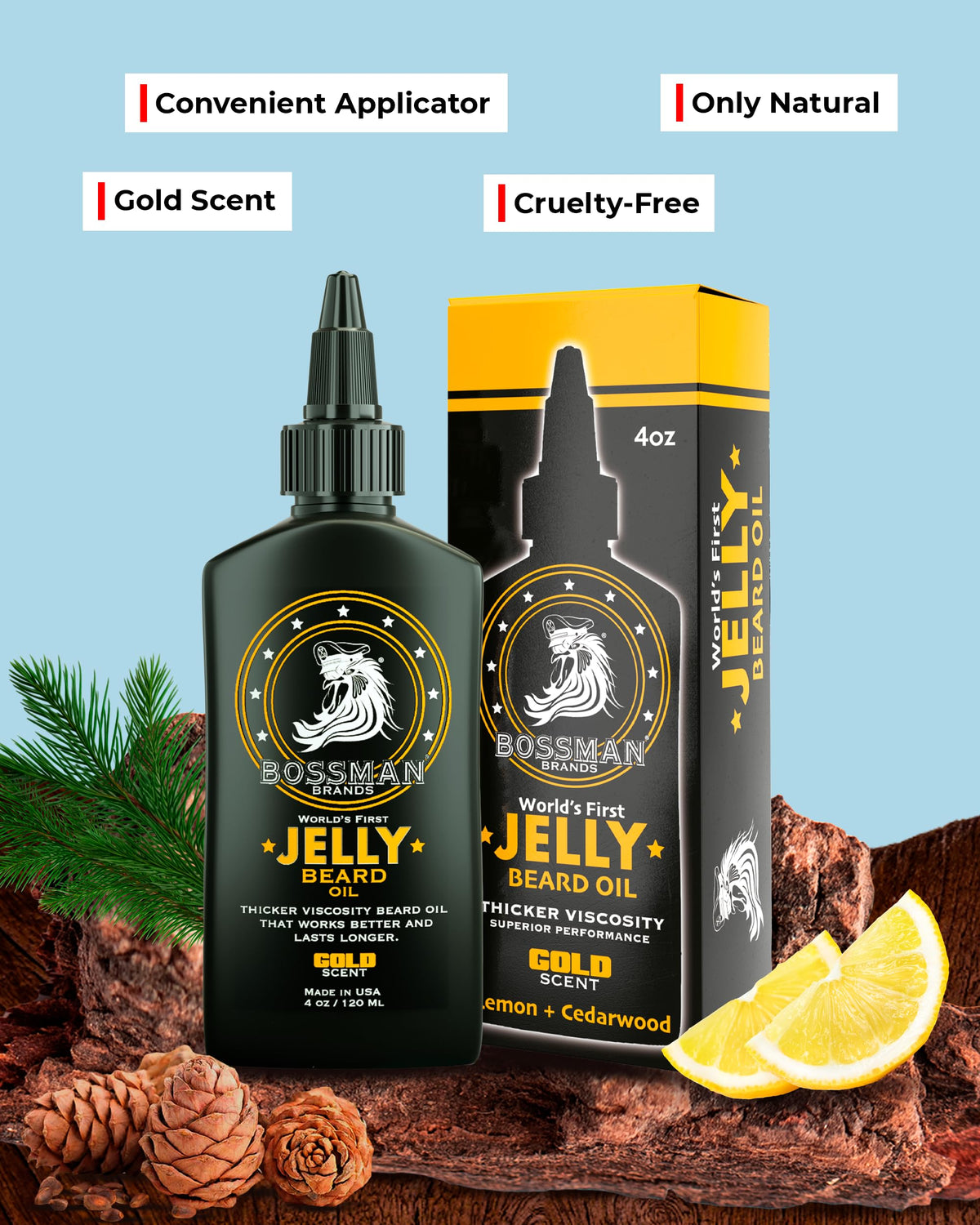 Packaging of Bossman Jelly Beard Oil with Gold Scent on display.