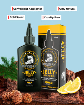 Packaging of Bossman Jelly Beard Oil with Gold Scent on display.
