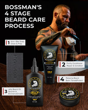 Beard grooming scene using Bossman Jelly Beard Oil.