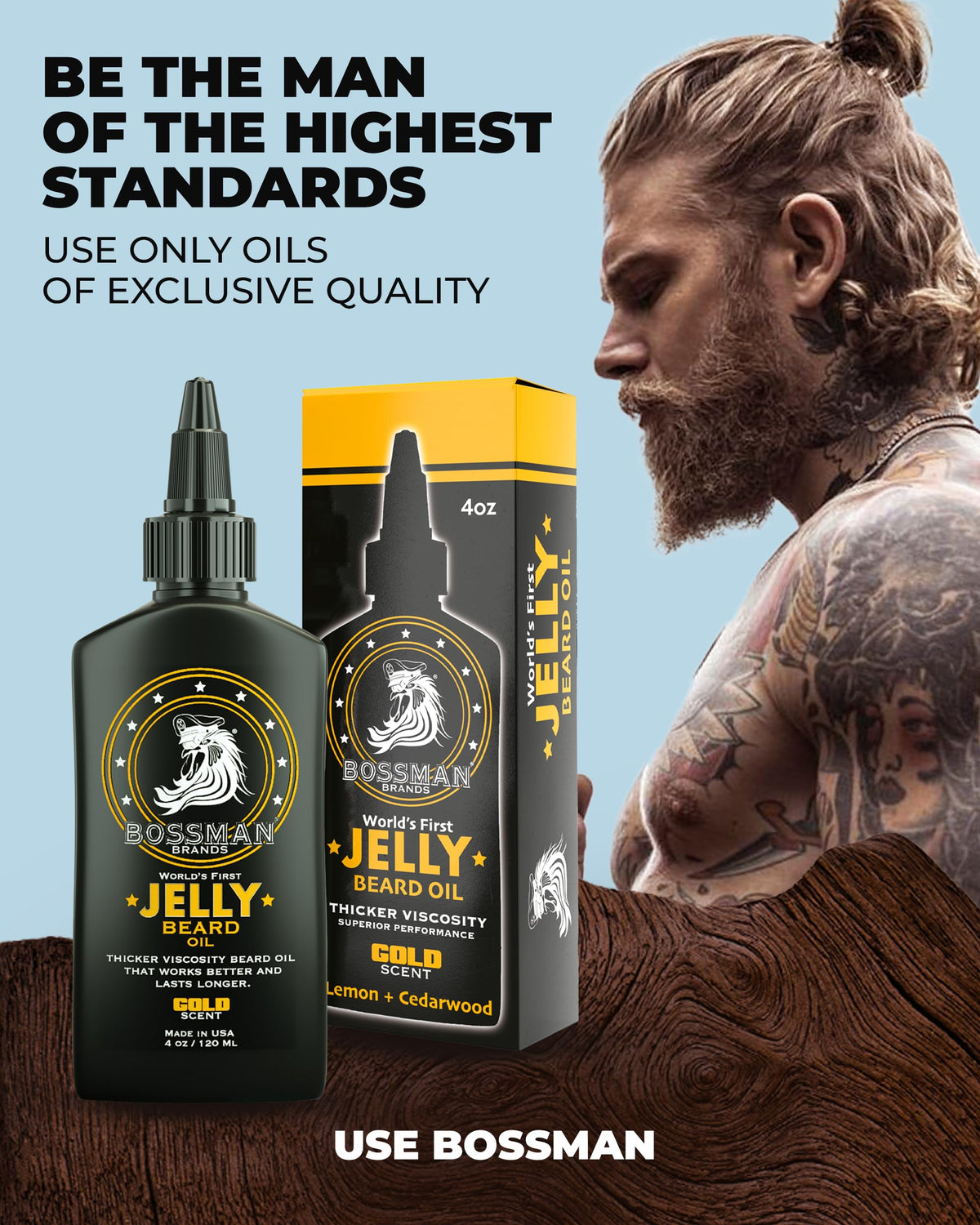 USA-made badge on Bossman Jelly Beard Oil packaging.