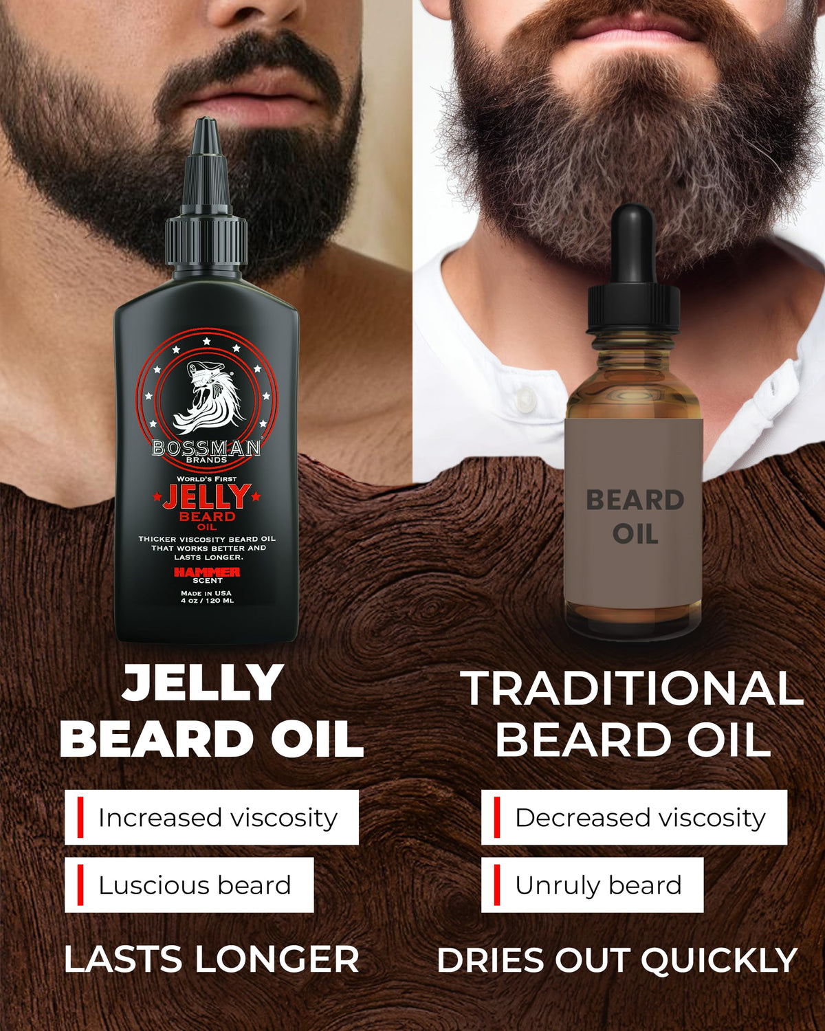 USA-made badge on Bossman Jelly Beard Oil bottle emphasizing production origin.