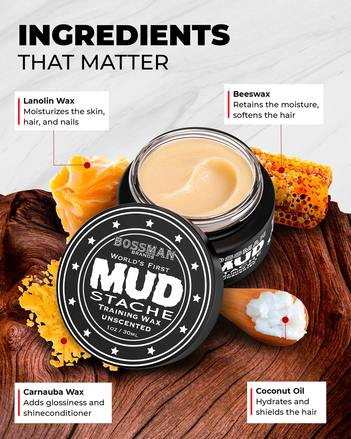 Bossman MUDstache wax being applied for smooth distribution and control.