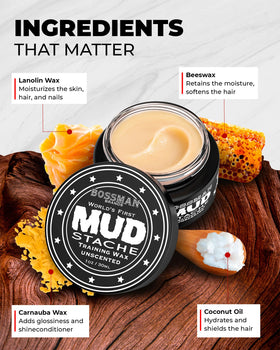 Bossman MUDstache wax being applied for smooth distribution and control.