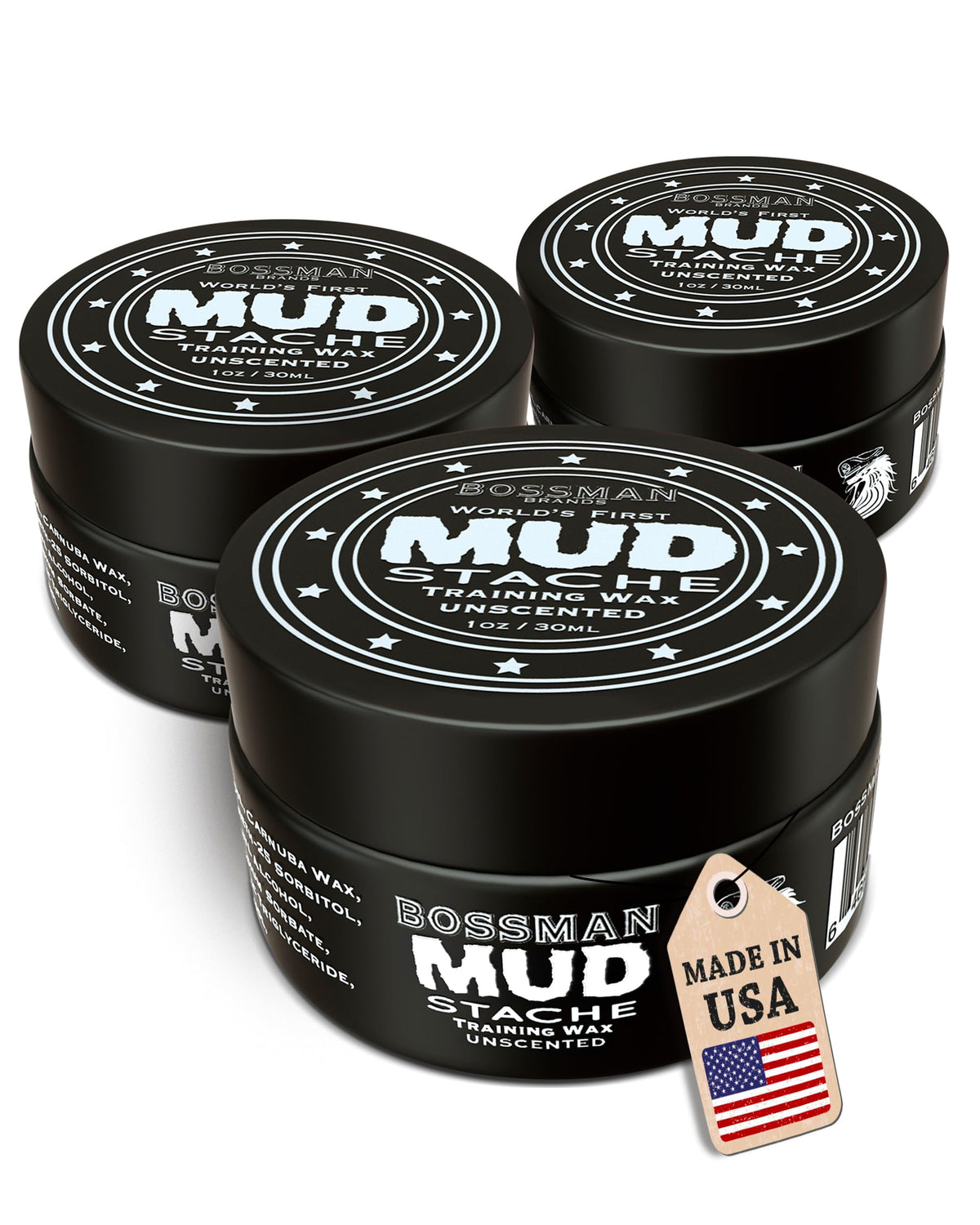 Bossman MUDstache jar uncapped showing texture for strong hold.