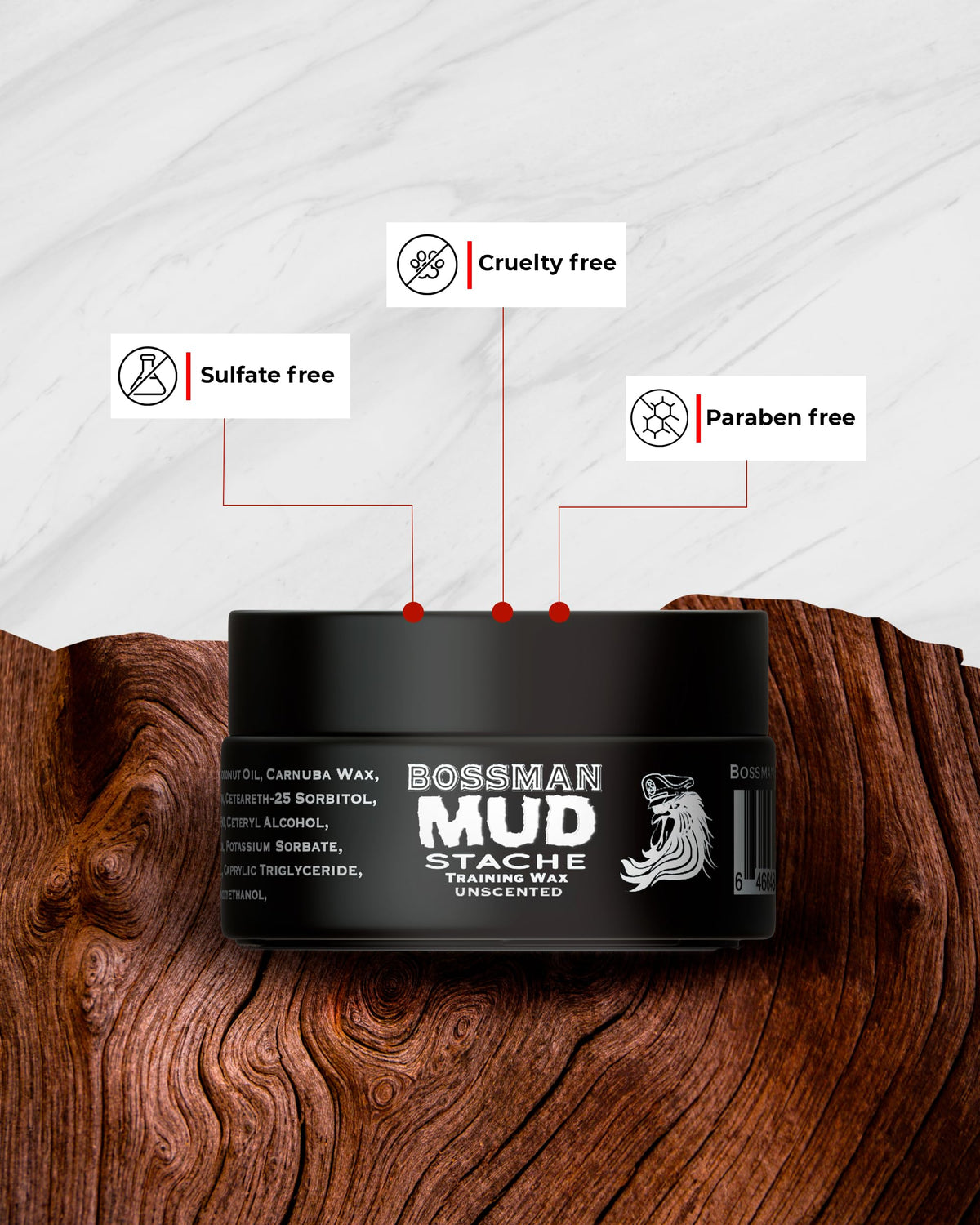Bossman MUDstache trains upper lip hair precisely.