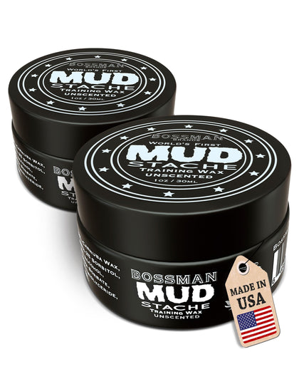 Bossman MUDstache unscented wax jar with strong matte hold.