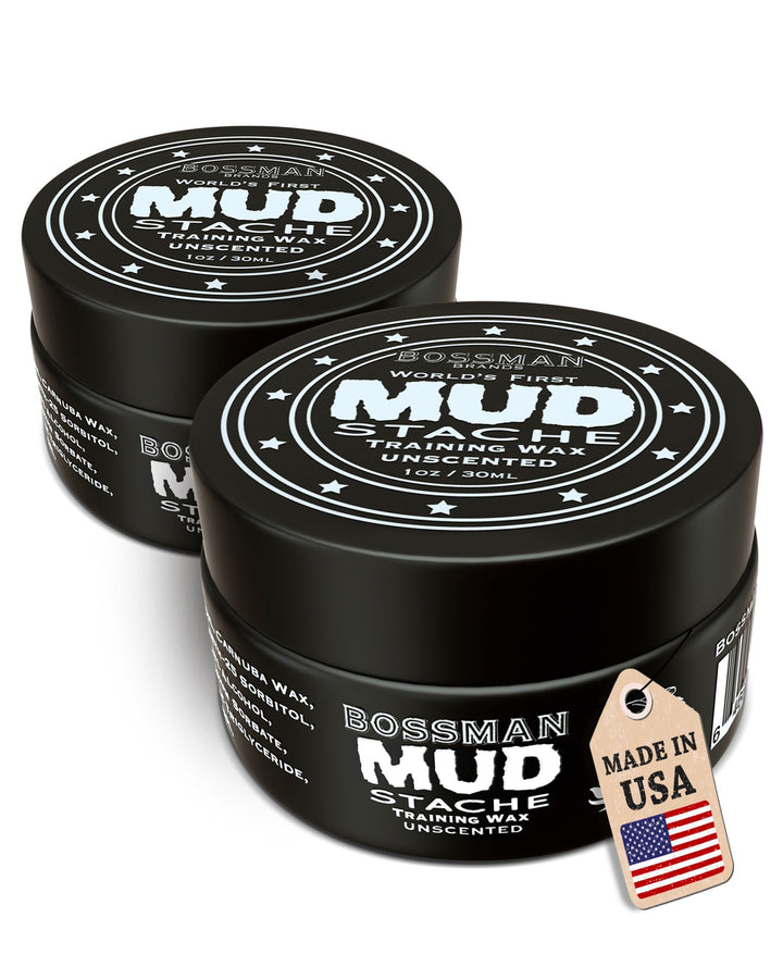 Bossman MUDstache unscented wax jar with strong matte hold.