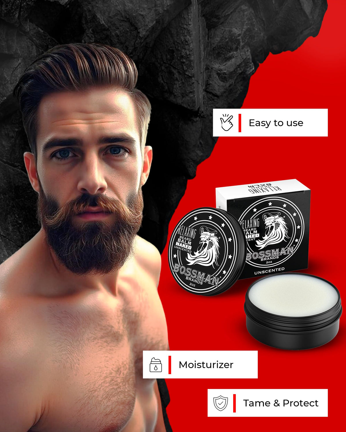 Bossman Relaxing Beard Balm being applied to beard for frizz control