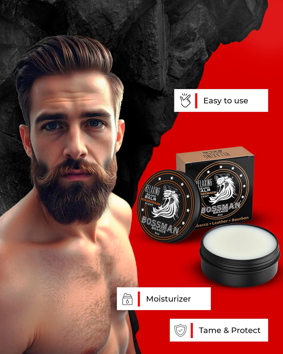 Bossman Relaxing Beard Balm being applied for smoother tamer facial hair