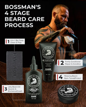 Bossman Relaxing Beard Balm on bathroom shelf offers a convenient grooming solution