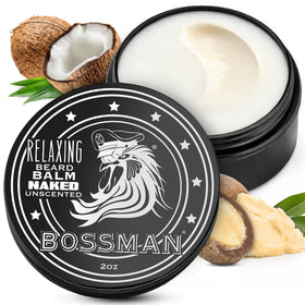 Bossman Relaxing Beard Balm jar closeup shows a nourishing formula for healthier beard