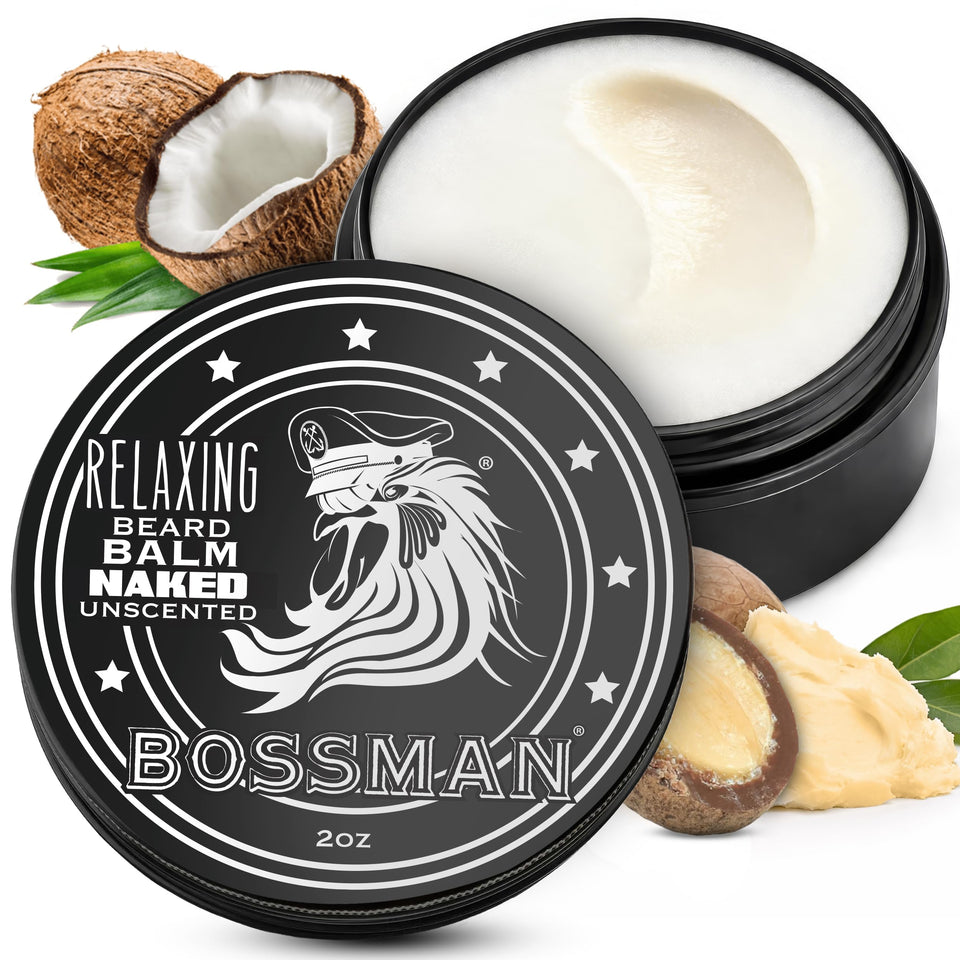 Bossman Relaxing Beard Balm jar closeup shows a nourishing formula for healthier beard