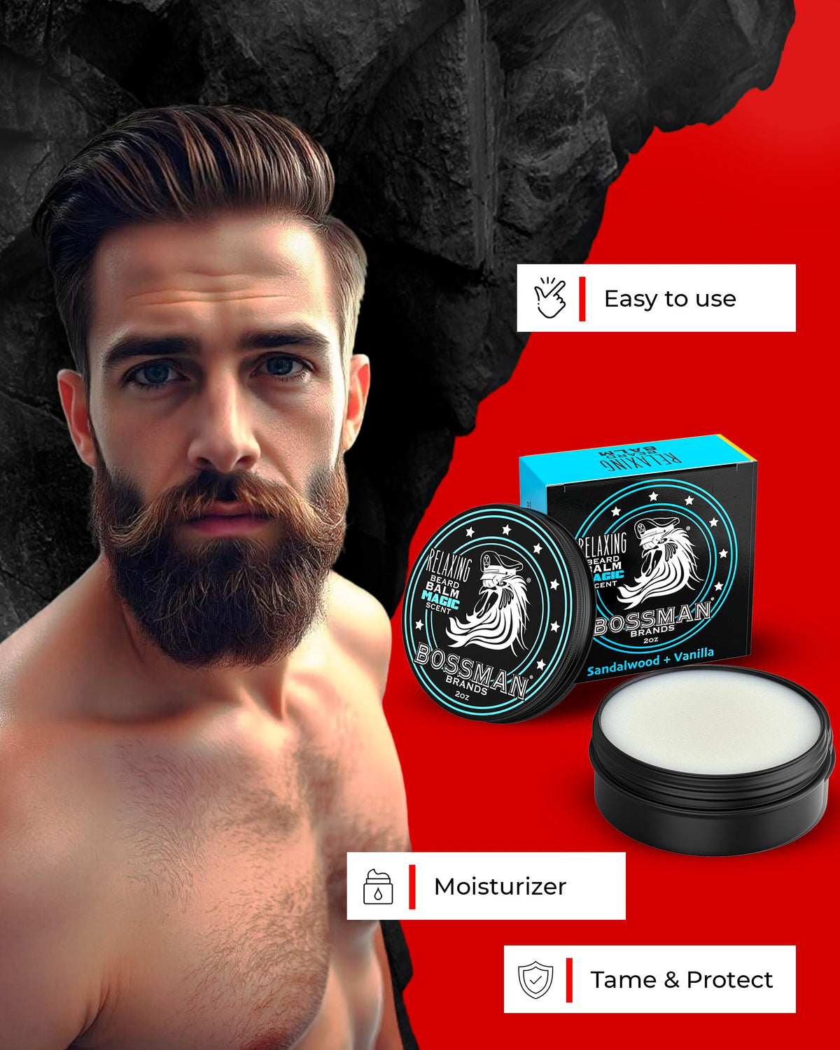 Bossman Relaxing Beard Balm Magic Scent being applied for easy shaping.