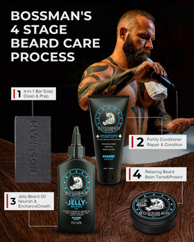 Bossman Relaxing Beard Balm Magic Scent cruelty-free symbol emphasized.
