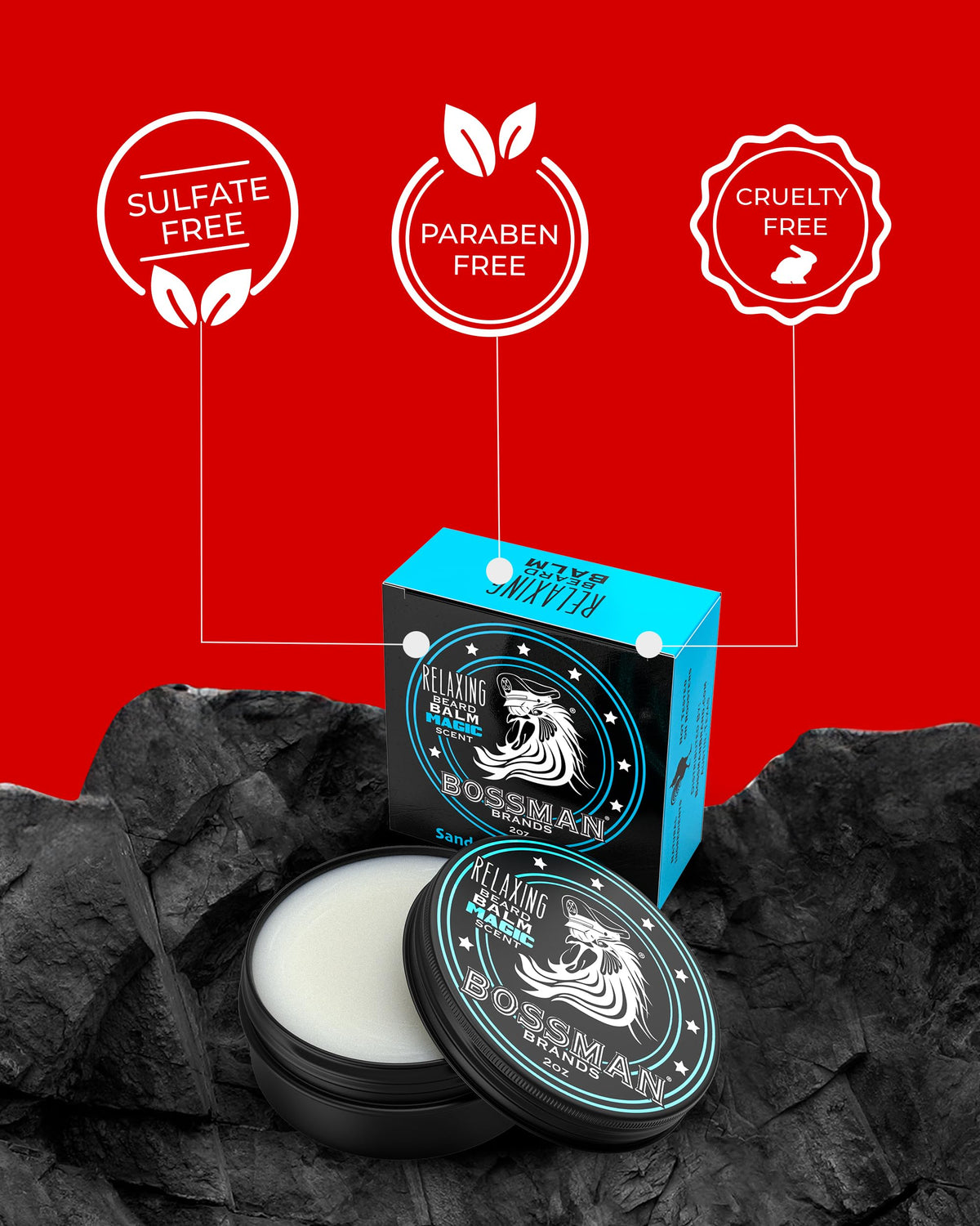 Bossman Relaxing Beard Balm Magic Scent tames frizz for better control.