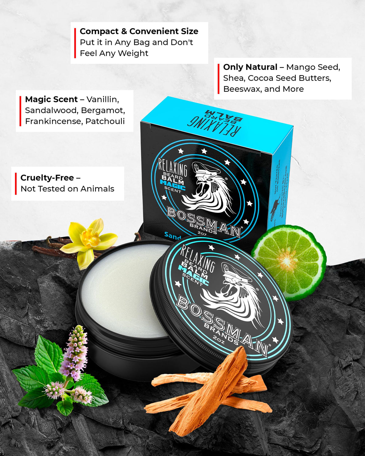 Bossman Relaxing Beard Balm Magic Scent jar close-up reveals creamy texture.