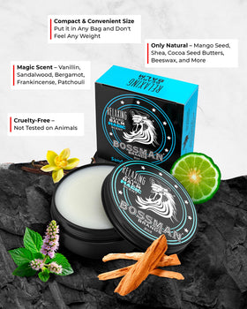 Bossman Relaxing Beard Balm Magic Scent jar close-up reveals creamy texture.