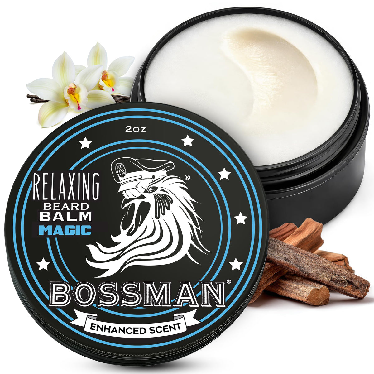 Bossman Relaxing Beard Balm Magic Scent packaging highlights premium grooming.
