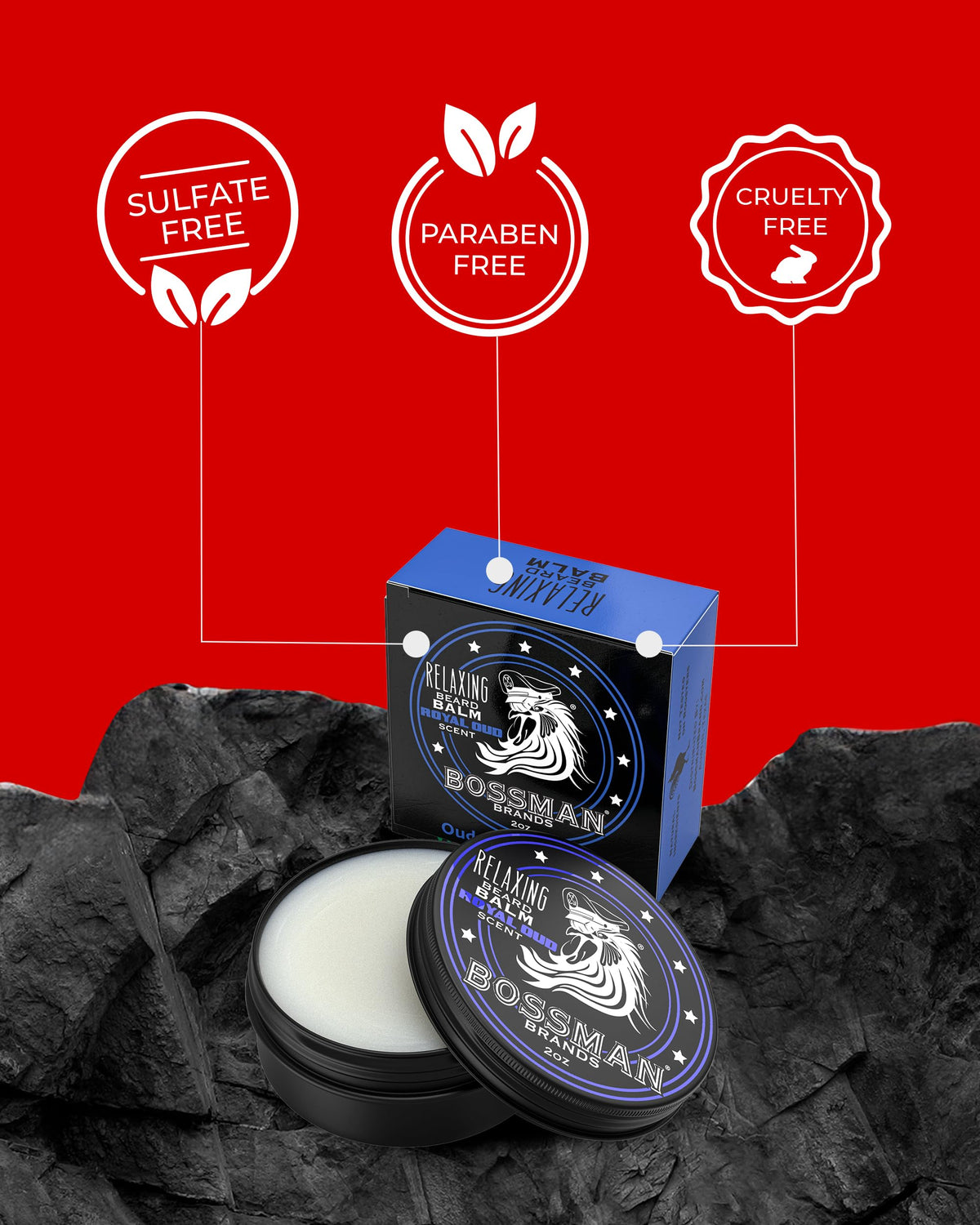 Bossman Relaxing Beard Balm Royal Oud close-up shows hydrated, softer beard fibers