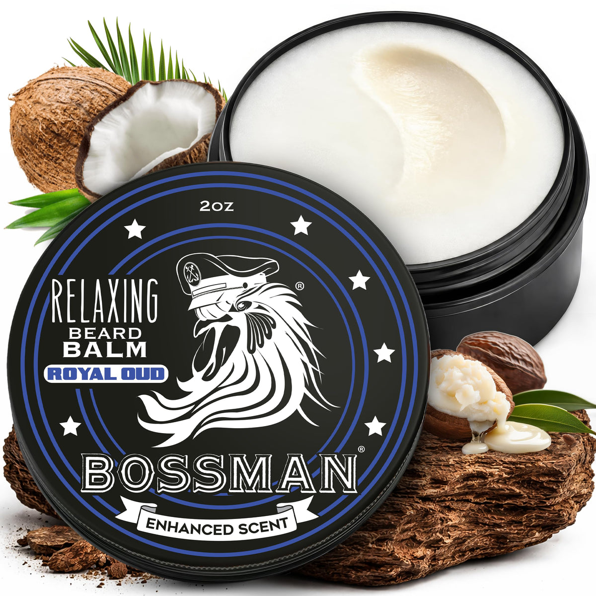Bossman Relaxing Beard Balm Royal Oud jar nourishes and conditions beard hair for fuller appearance