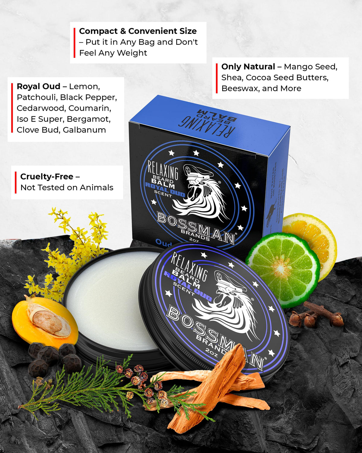 Bossman Relaxing Beard Balm Royal Oud lid-off shows creamy texture ready for easy application
