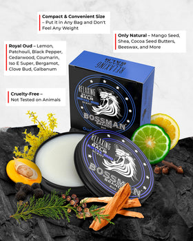Bossman Relaxing Beard Balm Royal Oud lid-off shows creamy texture ready for easy application