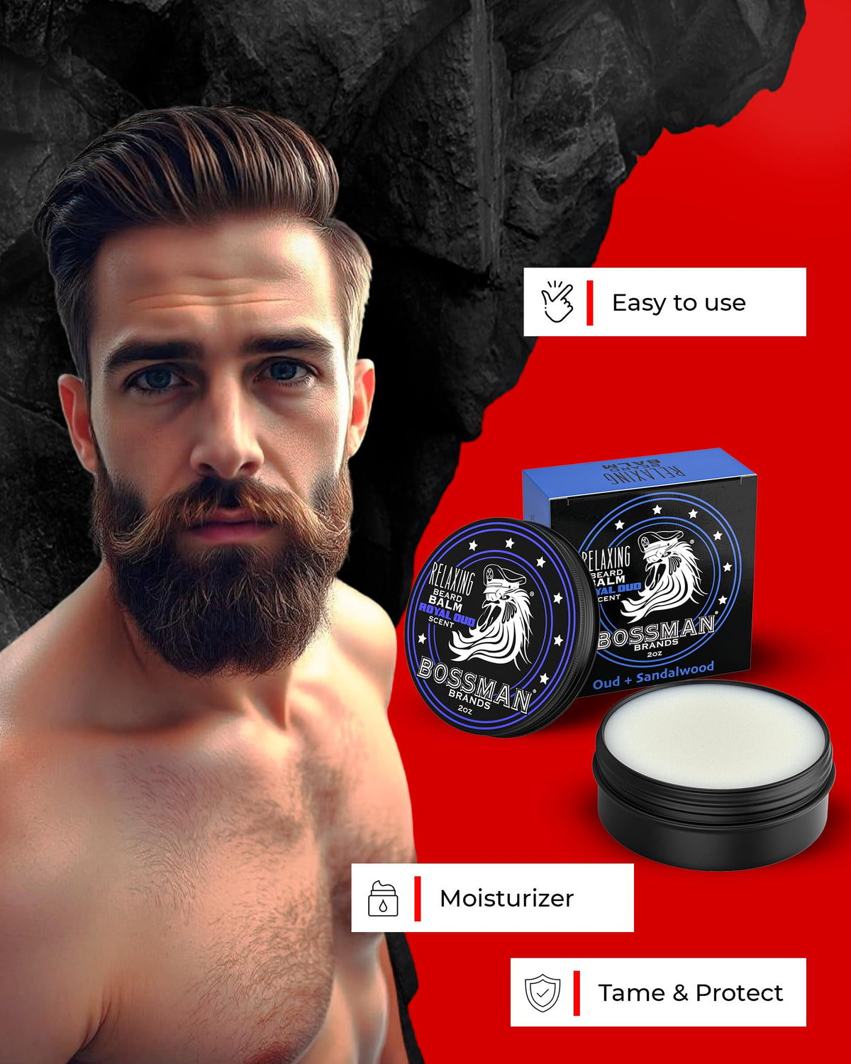 Bossman Relaxing Beard Balm Royal Oud swirl highlights luxurious formula for even distribution