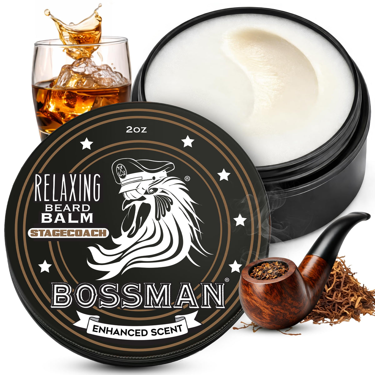 Bossman Relaxing Beard Balm Stagecoach packaging shows premium ingredients for a healthier fuller beard