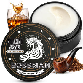 Bossman Relaxing Beard Balm Stagecoach packaging shows premium ingredients for a healthier fuller beard
