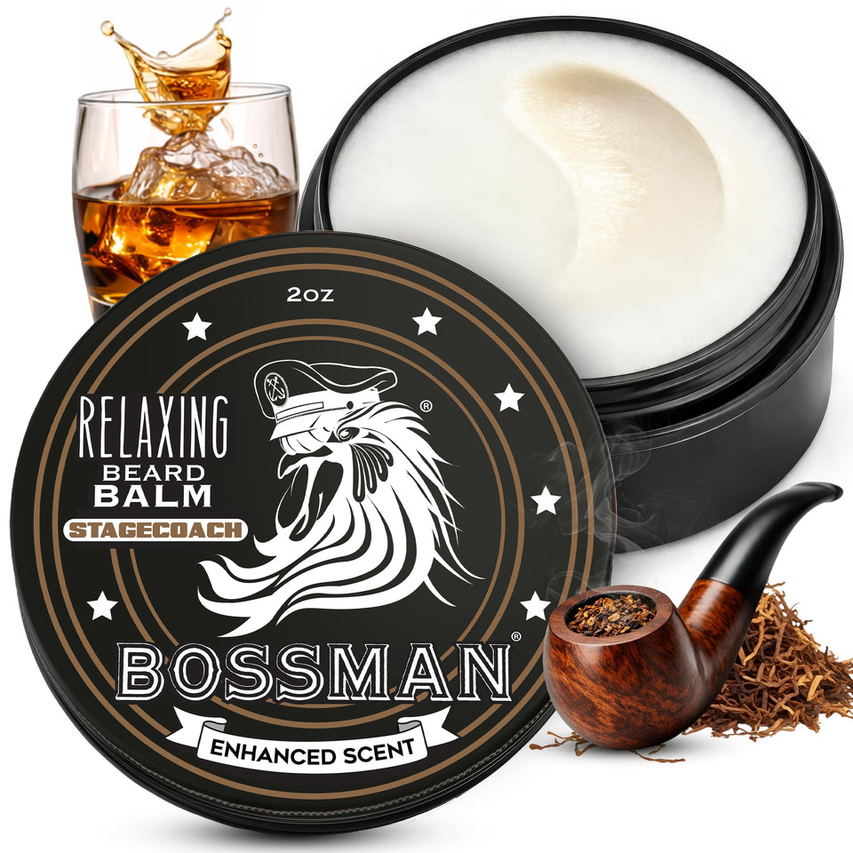 Bossman Relaxing Beard Balm Stagecoach packaging shows premium ingredients for a healthier fuller beard