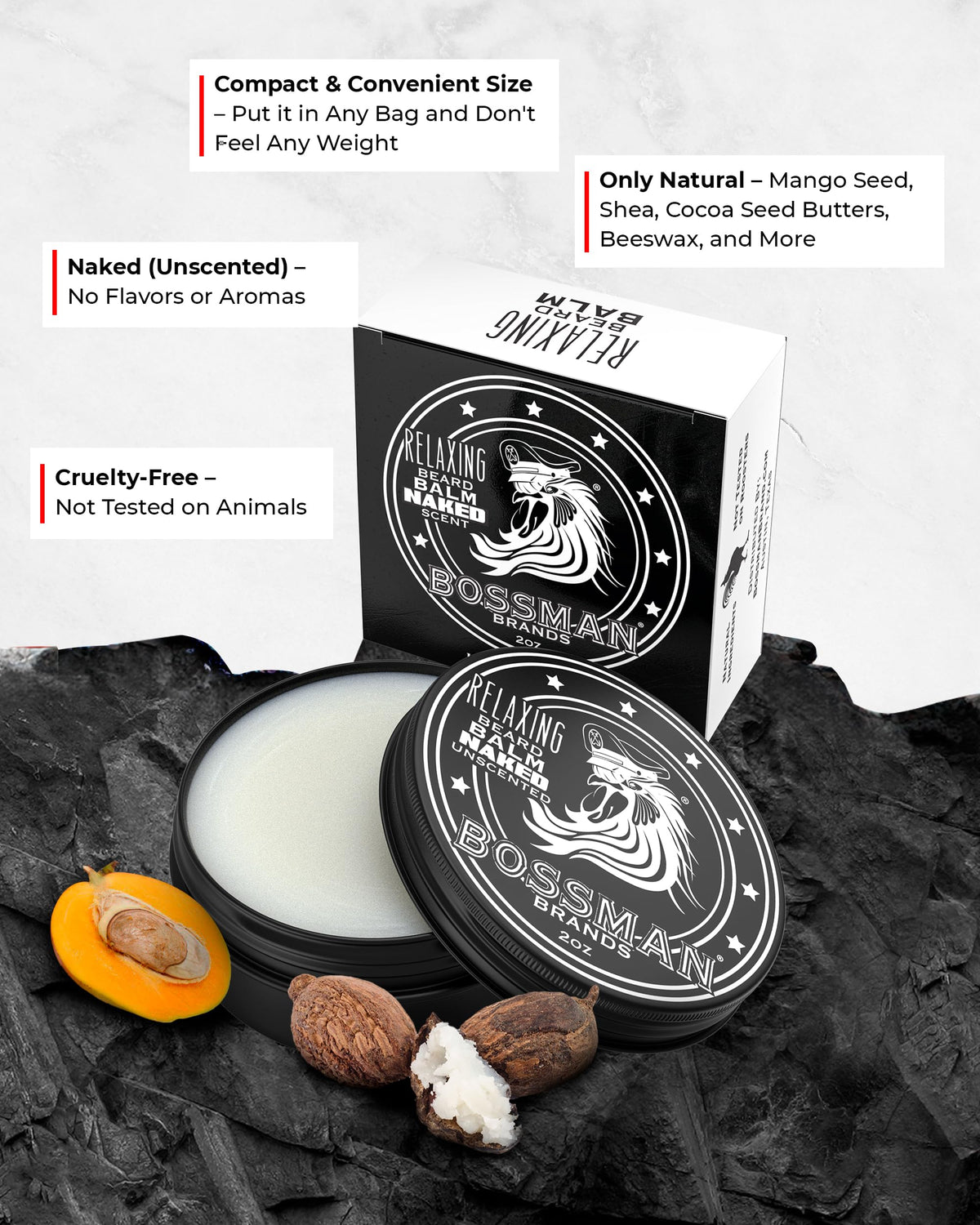 Bossman Relaxing Beard Balm texture on finger demonstrates easy, silky application