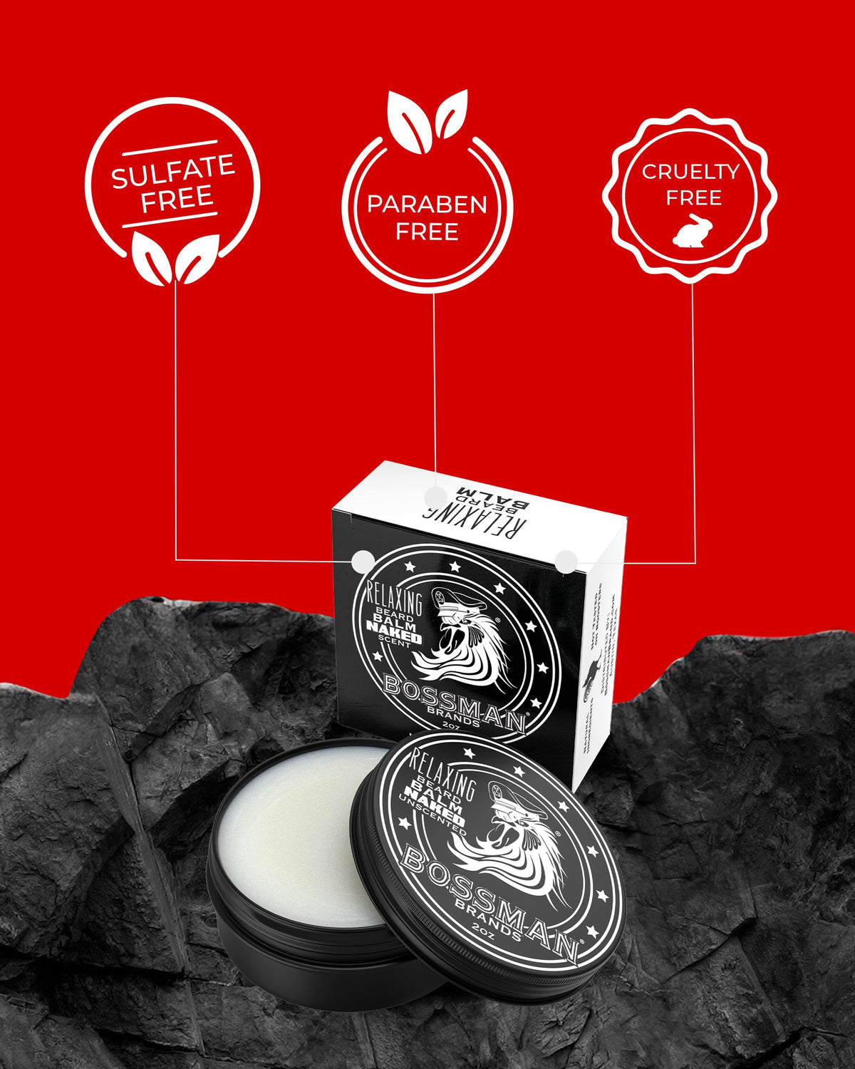 Bossman Relaxing Beard Balm USA-made badge signals quality and safety