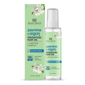 Botanic Hearth Argan & Jasmine Weightless Hair Oil bottle delivering frizz control and natural shine