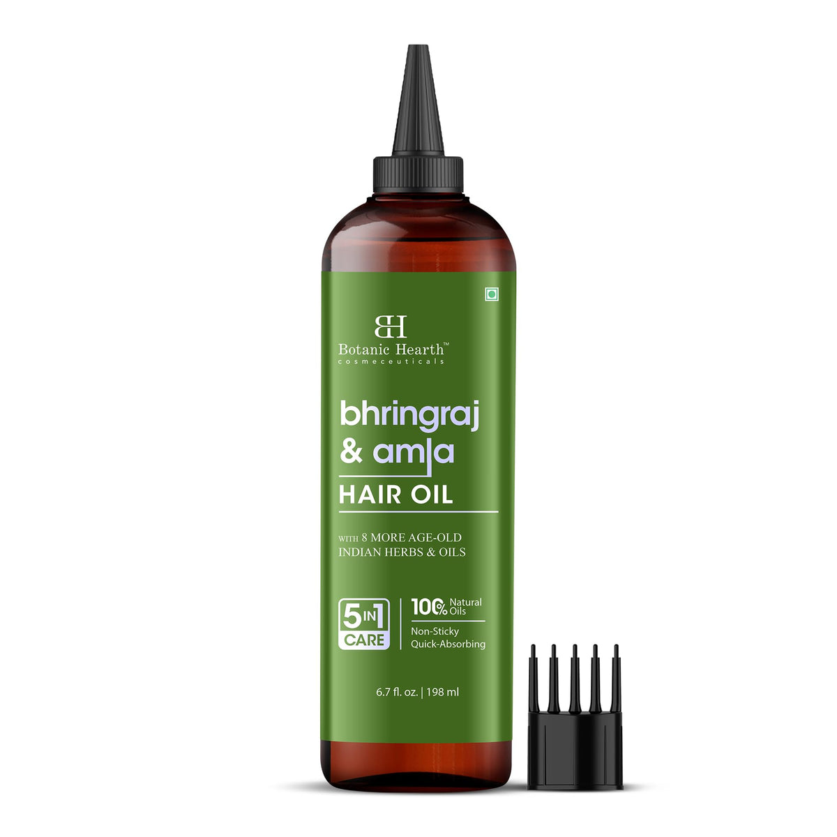 Botanic Hearth bhringraj-amla oil bottle promoting healthier-looking hair