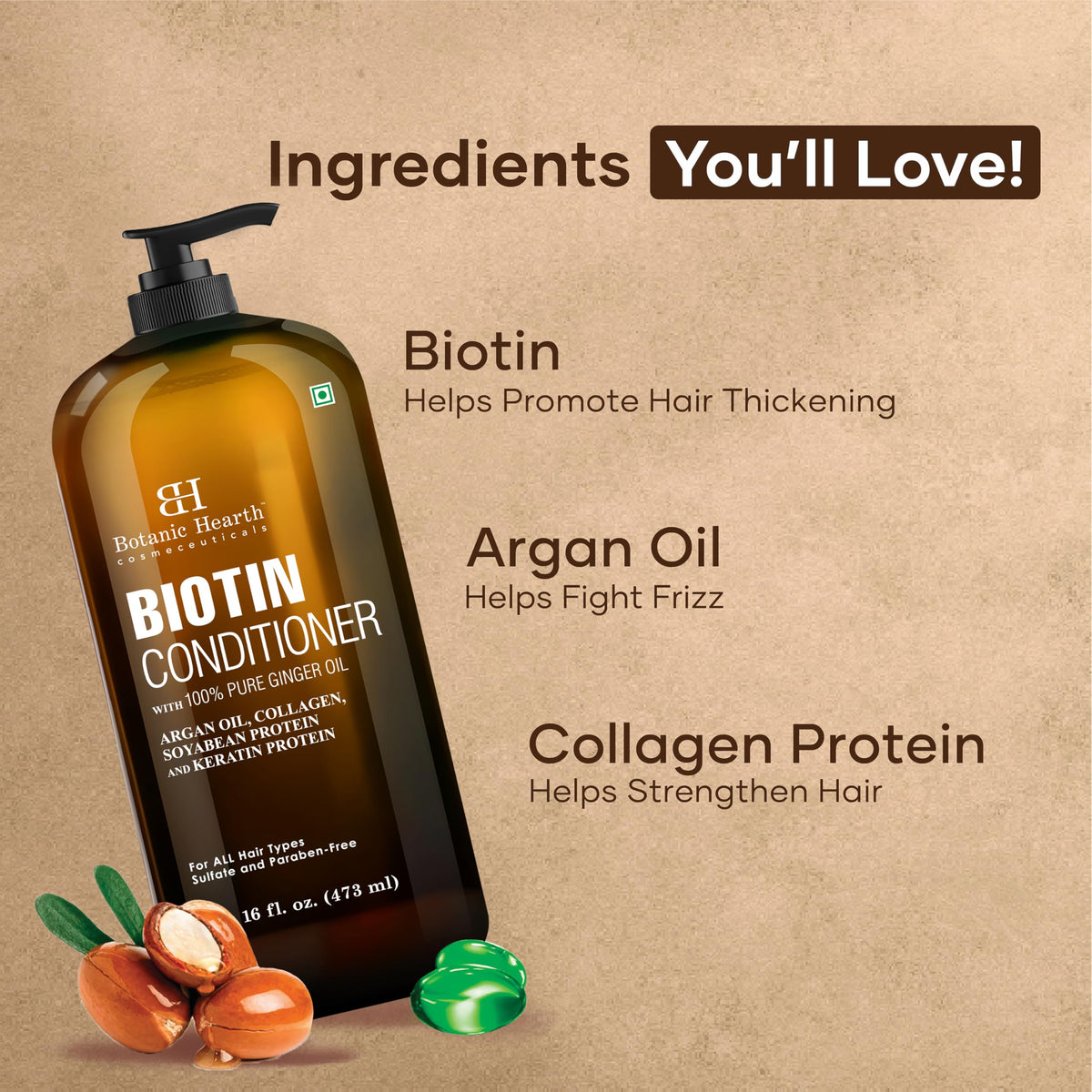 Close-up of Botanic Hearth Biotin Conditioner label highlighting ginger oil, turmeric, and keratin
