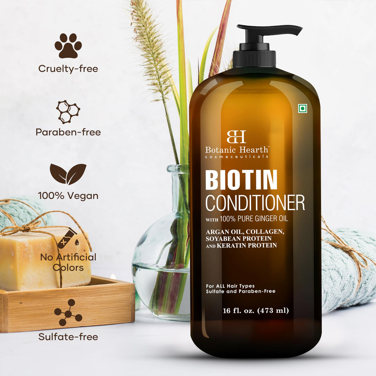 Botanic Hearth Biotin Conditioner with tea tree oil and ingredients showcased